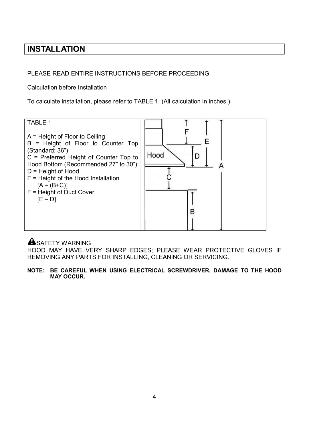 Kobe Range Hoods RA-094 SERIES, RA9430SQB, RA9436SQB Installation, Please Read Entire Instructions Before Proceeding 