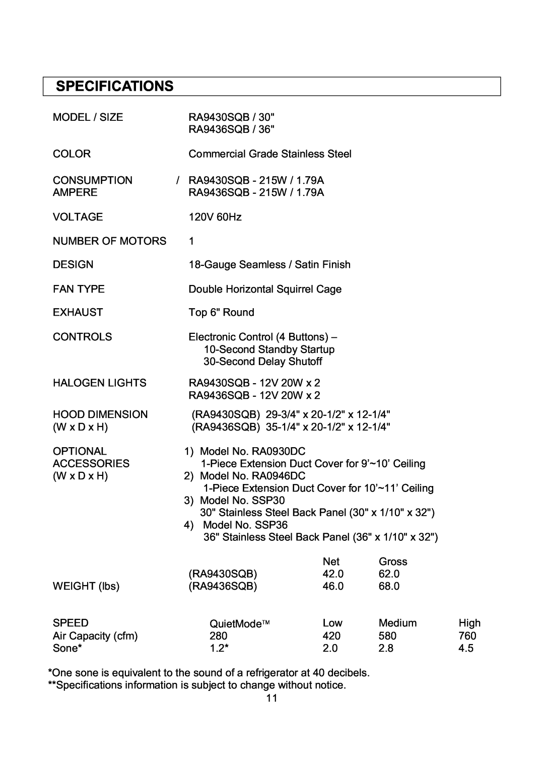 Kobe Range Hoods RA9430SQB, RA-094 SERIES, RA9436SQB installation instructions Specifications 