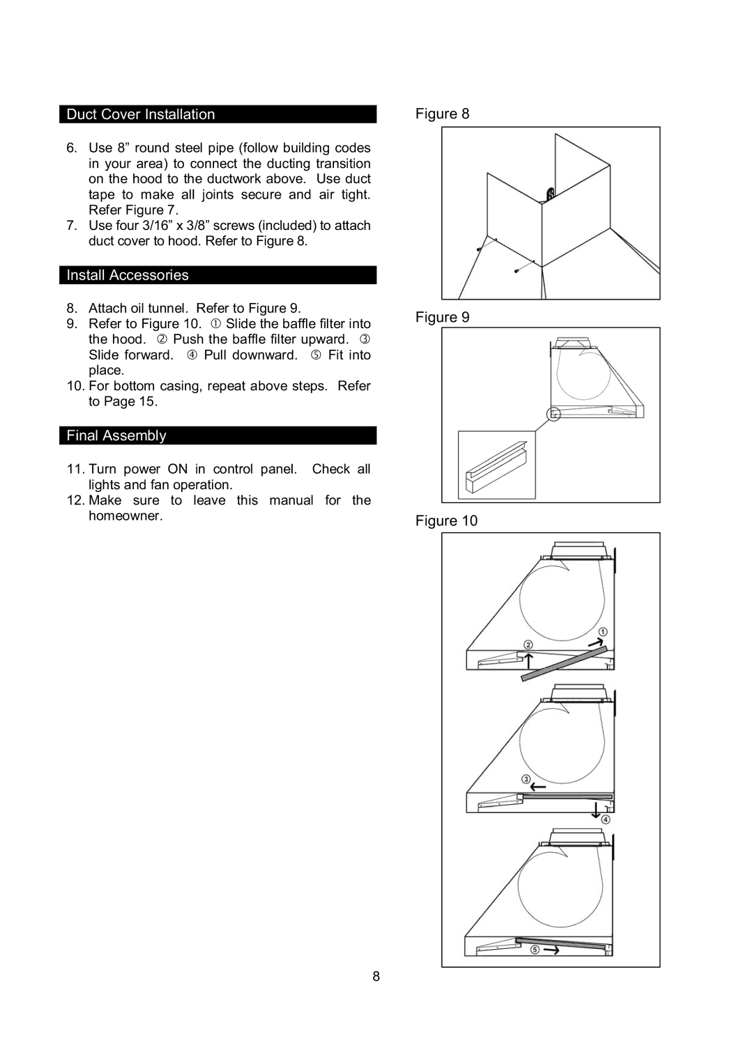 Kobe Range Hoods RA0236SQB, RA0248SQB, RA0242SQB, RA0230SQB installation instructions Duct Cover Installation 