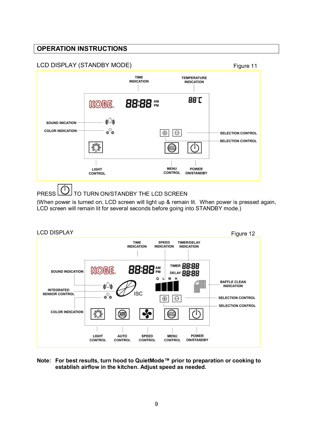 Kobe Range Hoods RA0248SQB, RA0242SQB, RA0230SQB, RA0236SQB Operation Instructions, LCD Display Standby Mode 