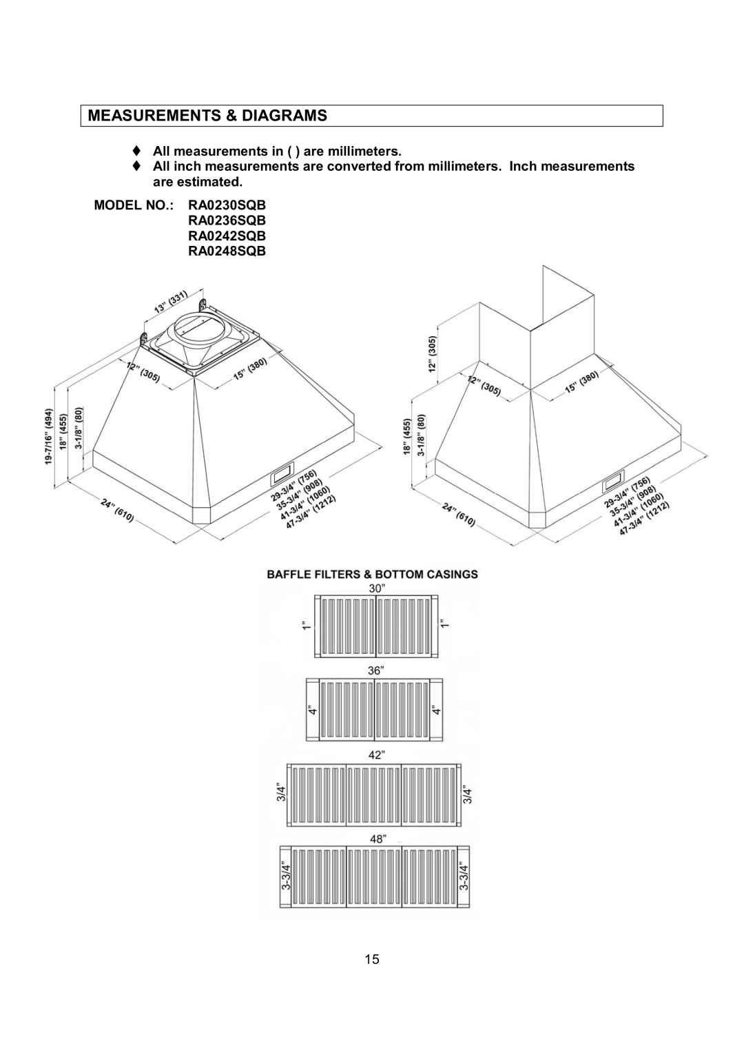 Kobe Range Hoods installation instructions Measurements & Diagrams, Model NO. RA0230SQB RA0236SQB RA0242SQB RA0248SQB 