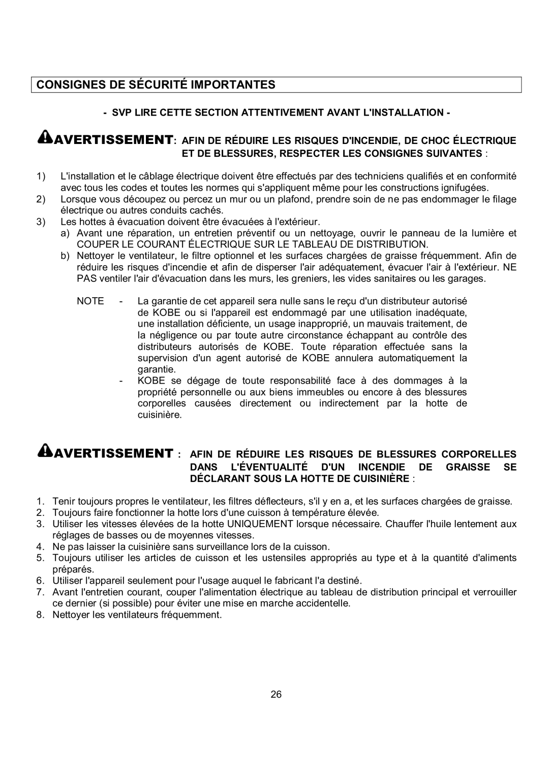 Kobe Range Hoods RA0242SQB Consignes DE Sécurité Importantes, Couper LE Courant Électrique SUR LE Tableau DE Distribution 