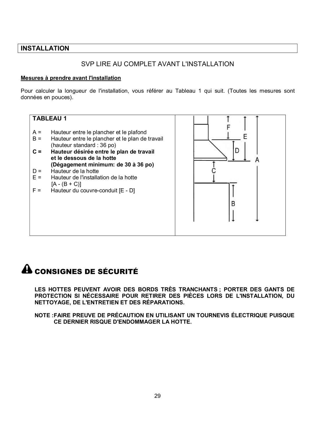 Kobe Range Hoods RA0248SQB, RA0242SQB SVP Lire AU Complet Avant Linstallation, Mesures à prendre avant linstallation 