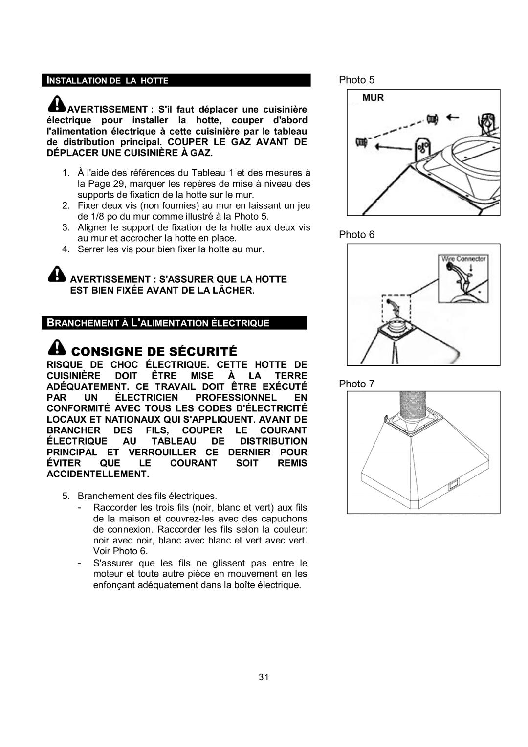 Kobe Range Hoods RA0230SQB, RA0248SQB, RA0242SQB, RA0236SQB installation instructions Consigne DE Sécurité 