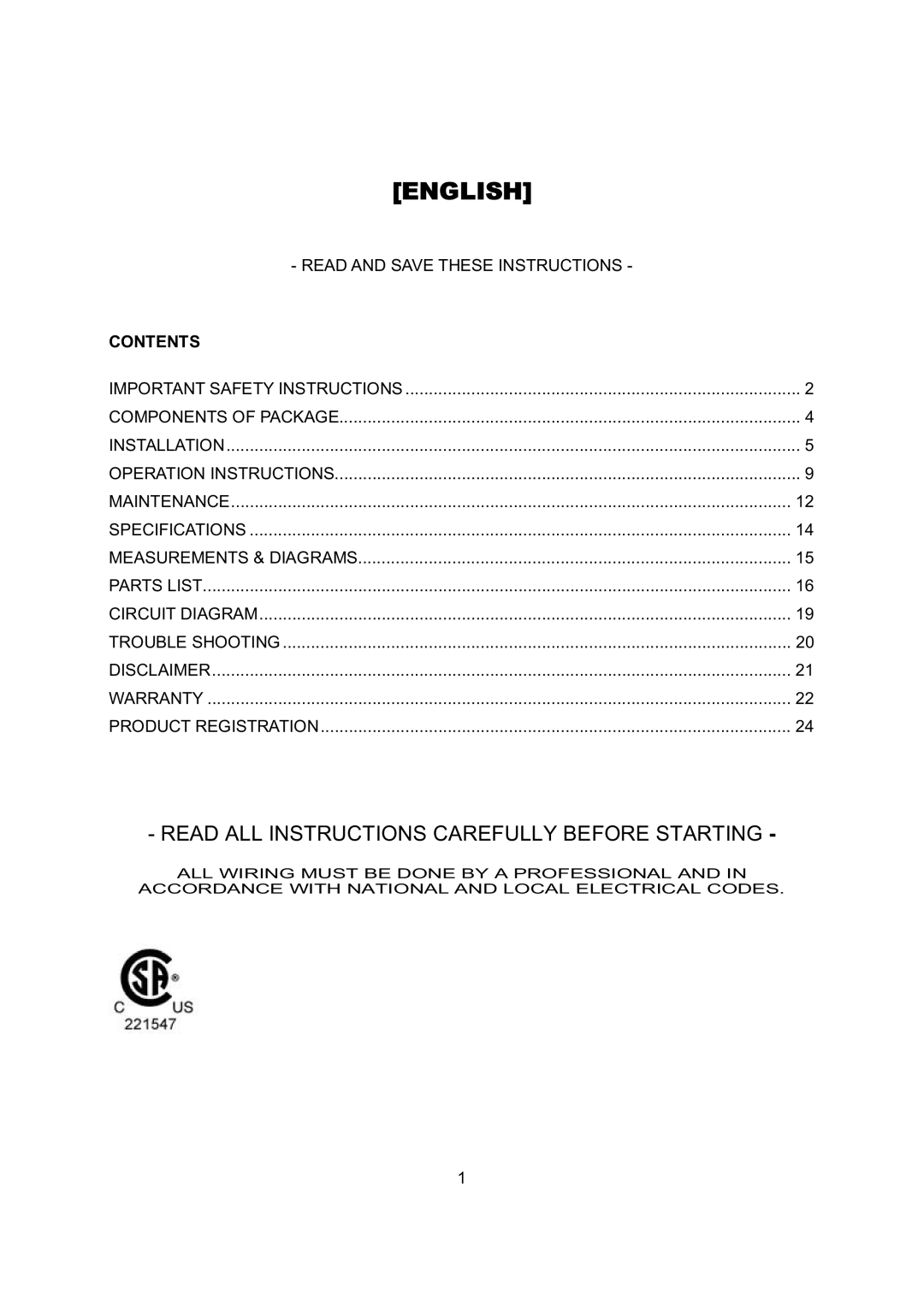 Kobe Range Hoods RA0248SQB, RA0242SQB, RA0230SQB, RA0236SQB installation instructions English, Contents 