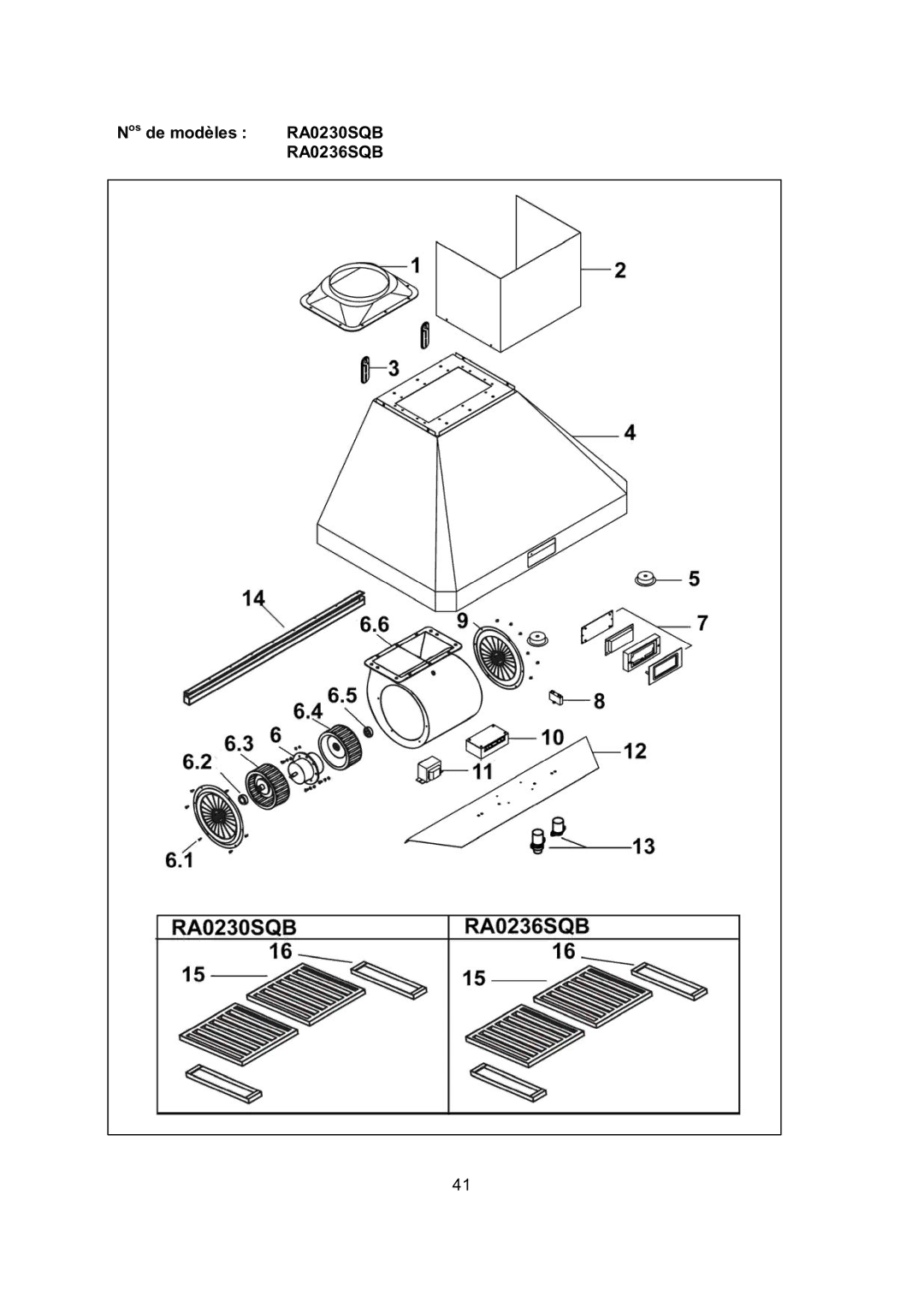 Kobe Range Hoods RA0248SQB, RA0242SQB, RA0236SQB installation instructions Nos de modèles, RA0230SQB 