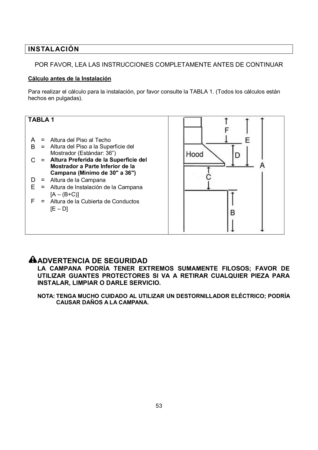 Kobe Range Hoods RA0248SQB Cálculo antes de la Instalación, Mostrador a Parte Inferior de la, Campana Mínimo de 30 a 