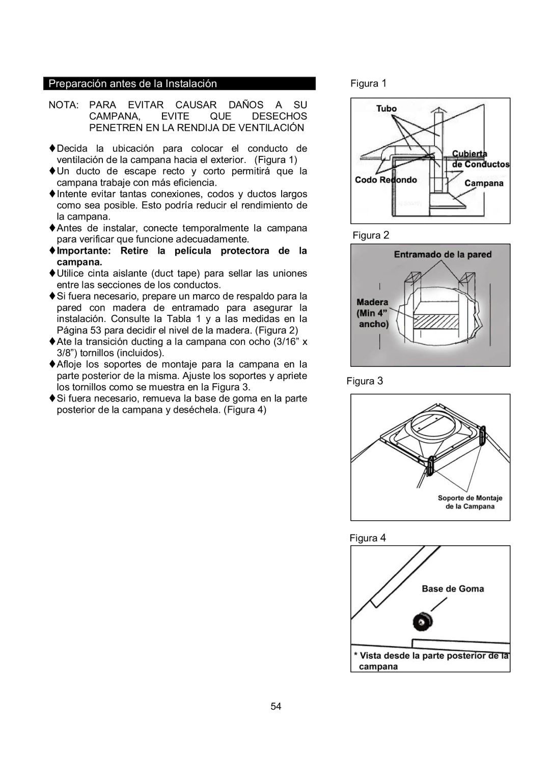 Kobe Range Hoods RA0242SQB Preparación antes de la Instalación, Importante Retire la película protectora de la campana 