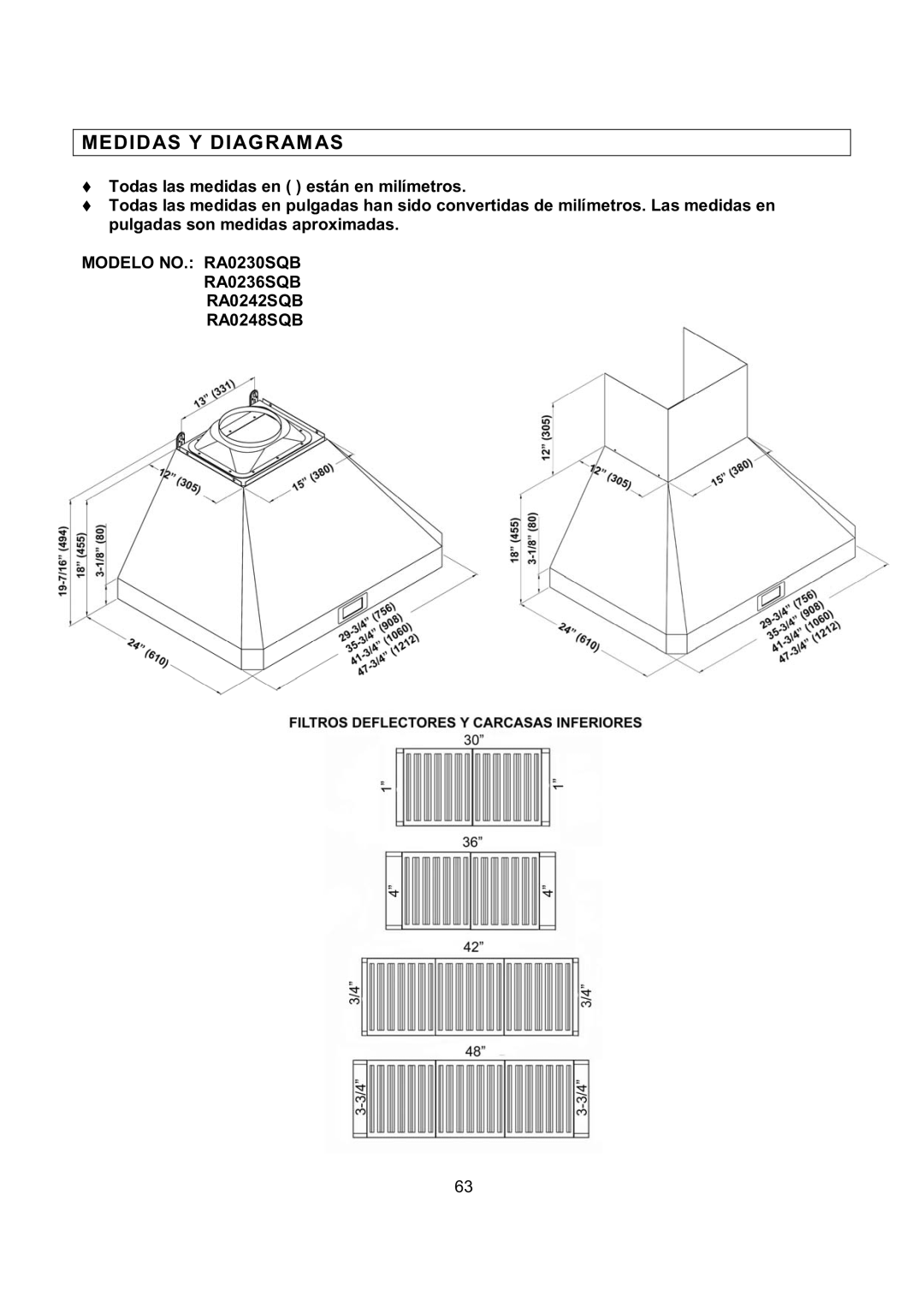 Kobe Range Hoods installation instructions Medidas Y Diagramas, Modelo NO. RA0230SQB RA0236SQB RA0242SQB RA0248SQB 