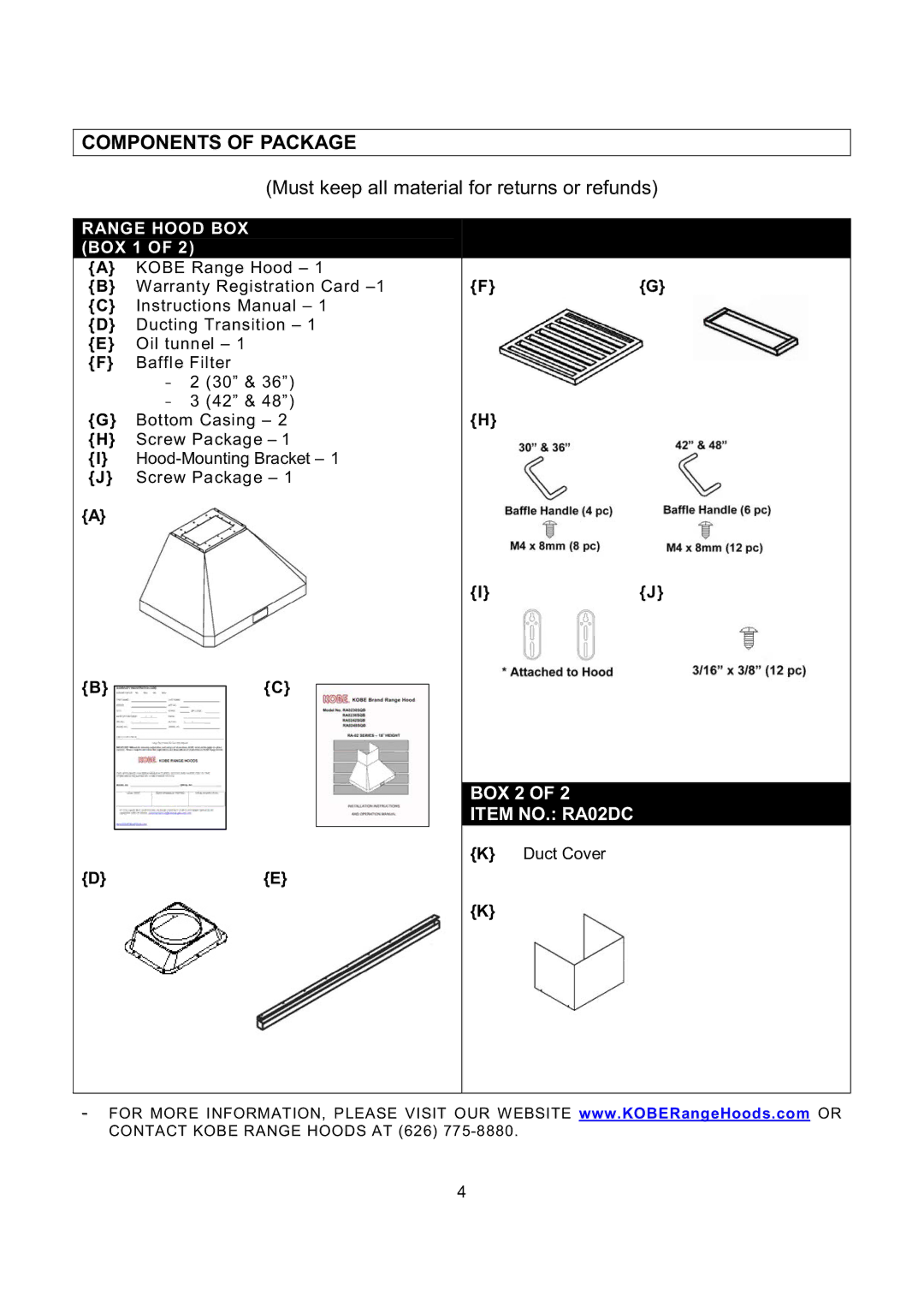 Kobe Range Hoods RA0236SQB, RA0248SQB, RA0242SQB Components of Package, Must keep all material for returns or refunds 