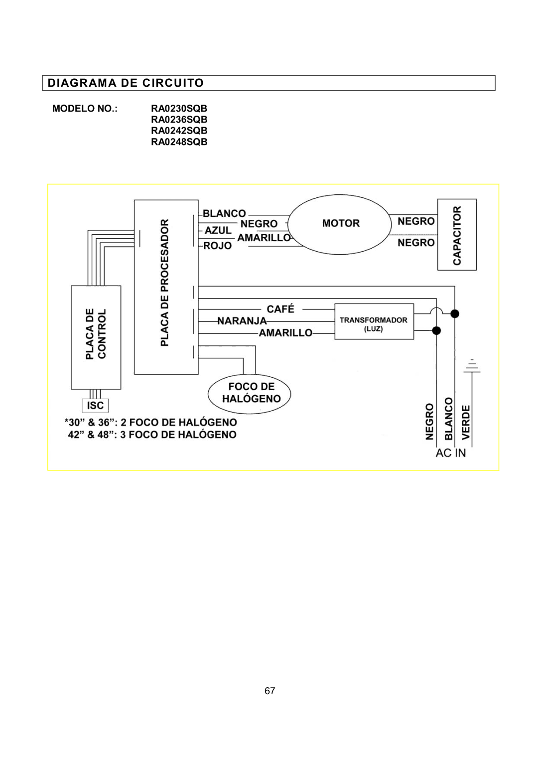 Kobe Range Hoods installation instructions Diagrama DE Circuito, Modelo no RA0230SQB RA0236SQB RA0242SQB RA0248SQB 