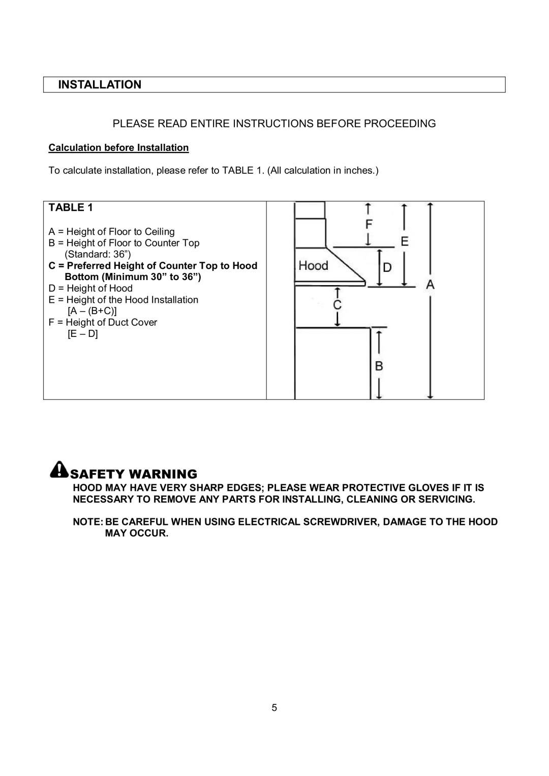 Kobe Range Hoods RA0248SQB, RA0242SQB, RA0230SQB, RA0236SQB installation instructions Calculation before Installation 