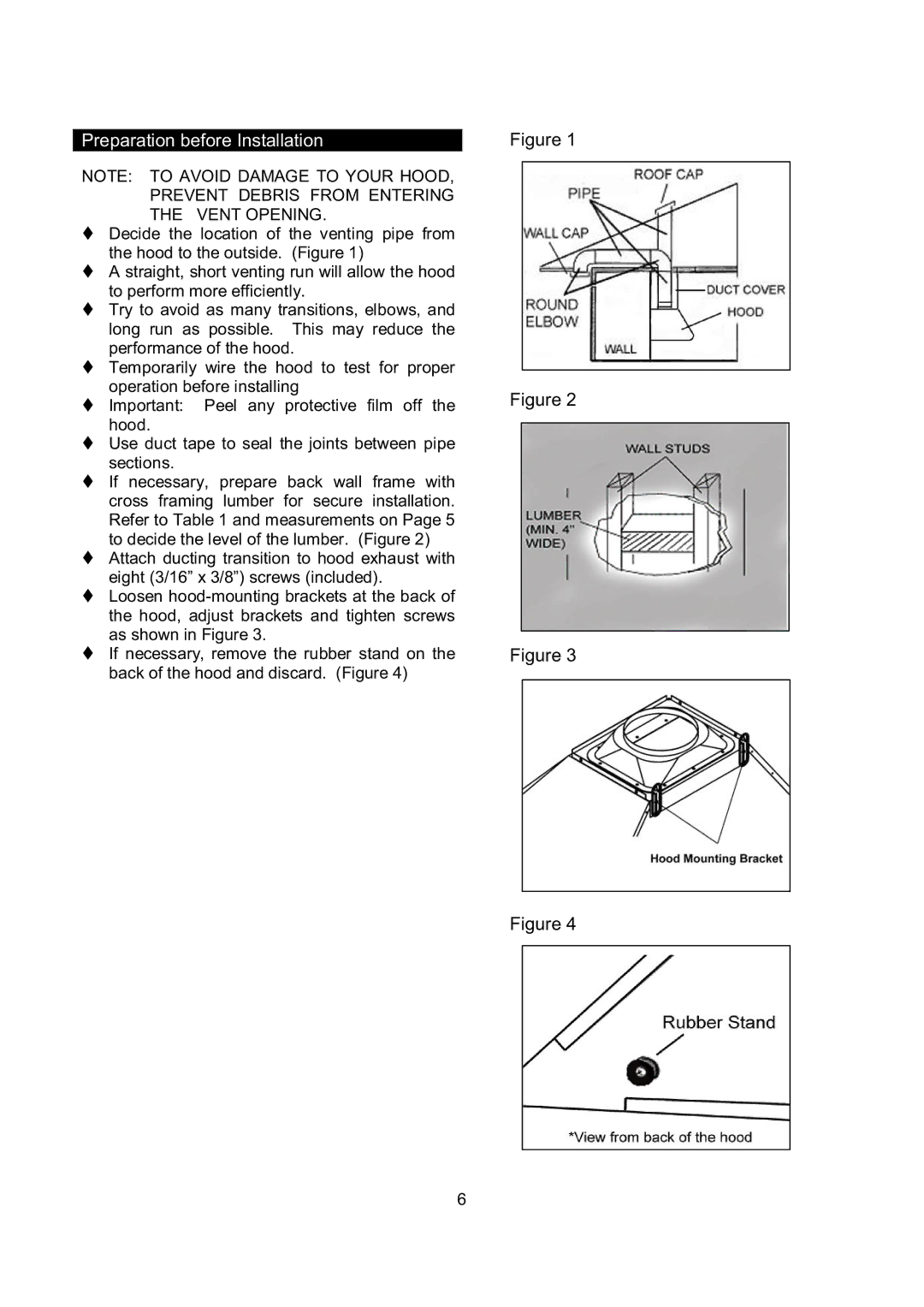 Kobe Range Hoods RA0242SQB, RA0248SQB, RA0230SQB, RA0236SQB installation instructions Preparation before Installation 