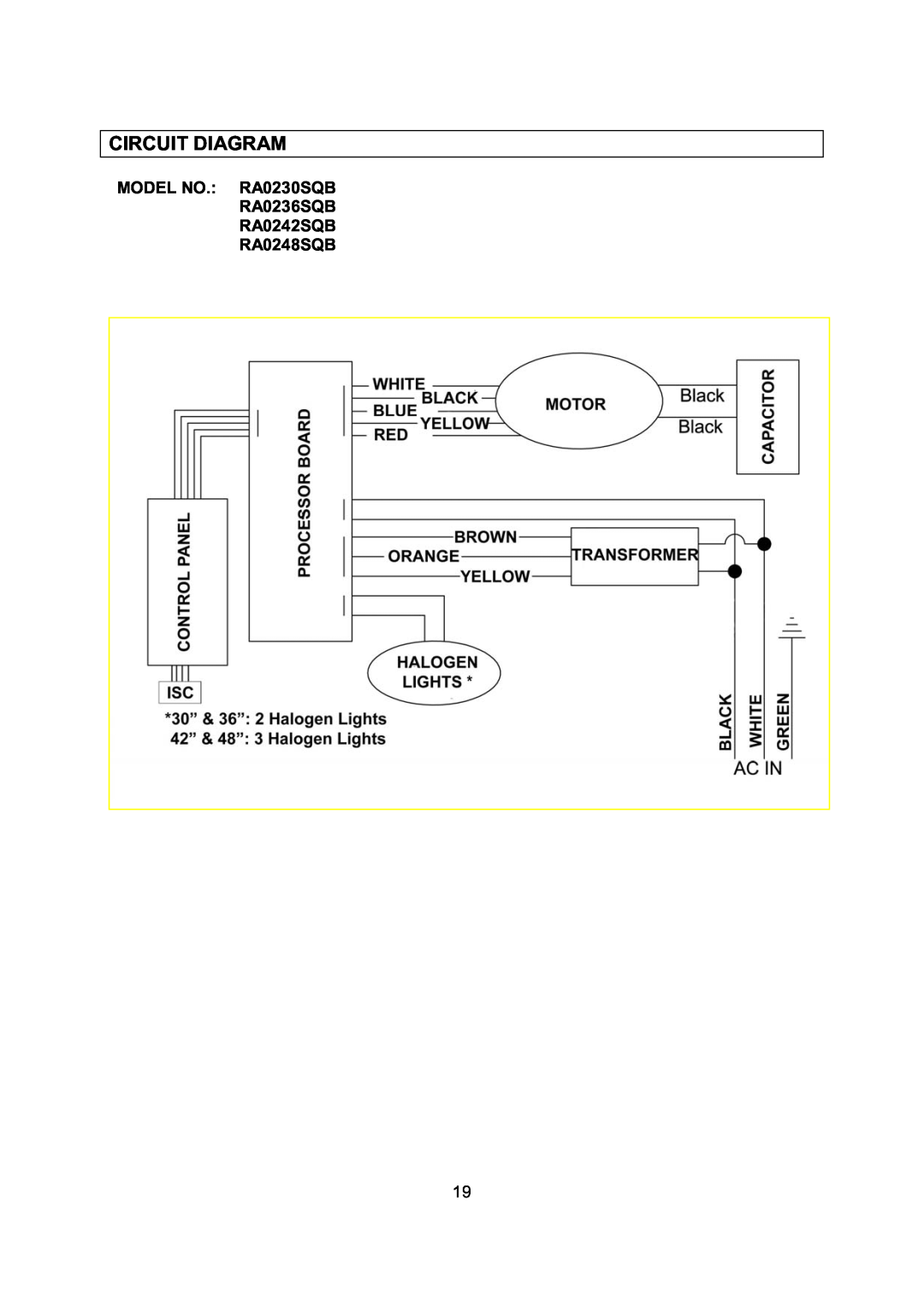 Kobe Range Hoods installation instructions Circuit Diagram, MODEL NO. RA0230SQB RA0236SQB RA0242SQB RA0248SQB 