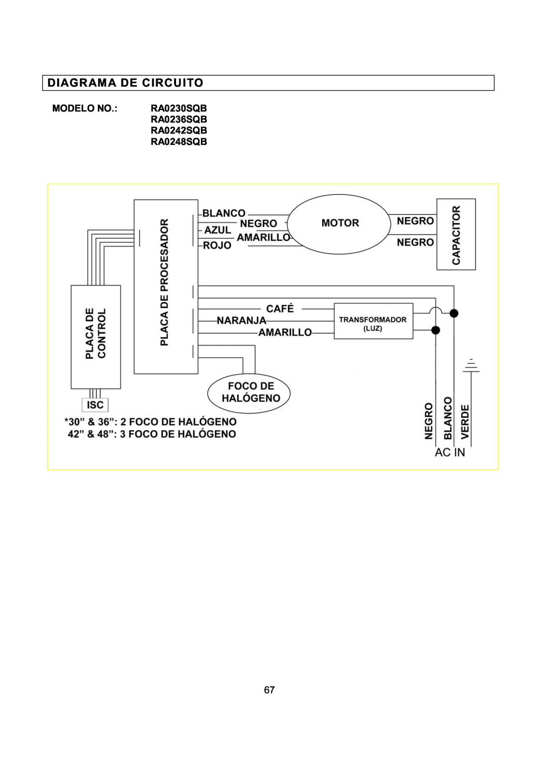 Kobe Range Hoods RA0230SQB installation instructions Diagrama De Circuito, Modelo No, RA0236SQB, RA0242SQB, RA0248SQB 