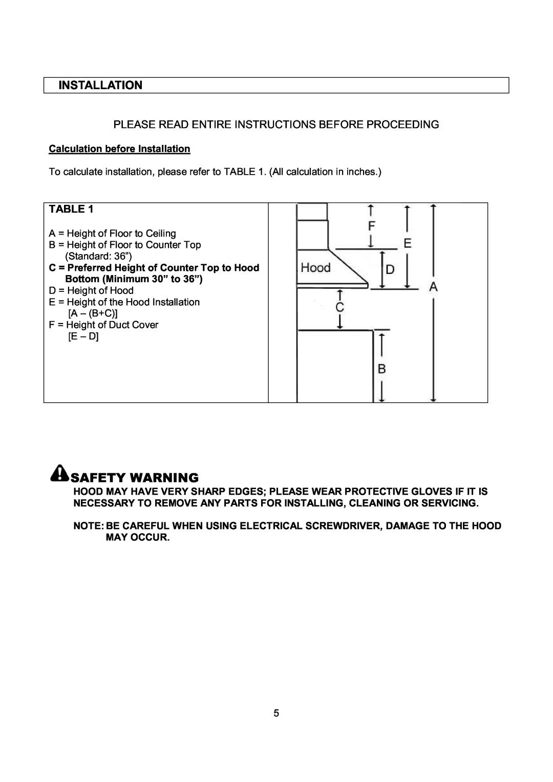 Kobe Range Hoods RA0248SQB, RA0242SQB Safety Warning, Installation, Please Read Entire Instructions Before Proceeding 