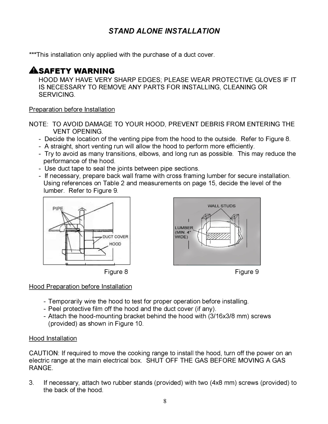 Kobe Range Hoods RA3830S, RA3836S installation instructions Stand Alone Installation 