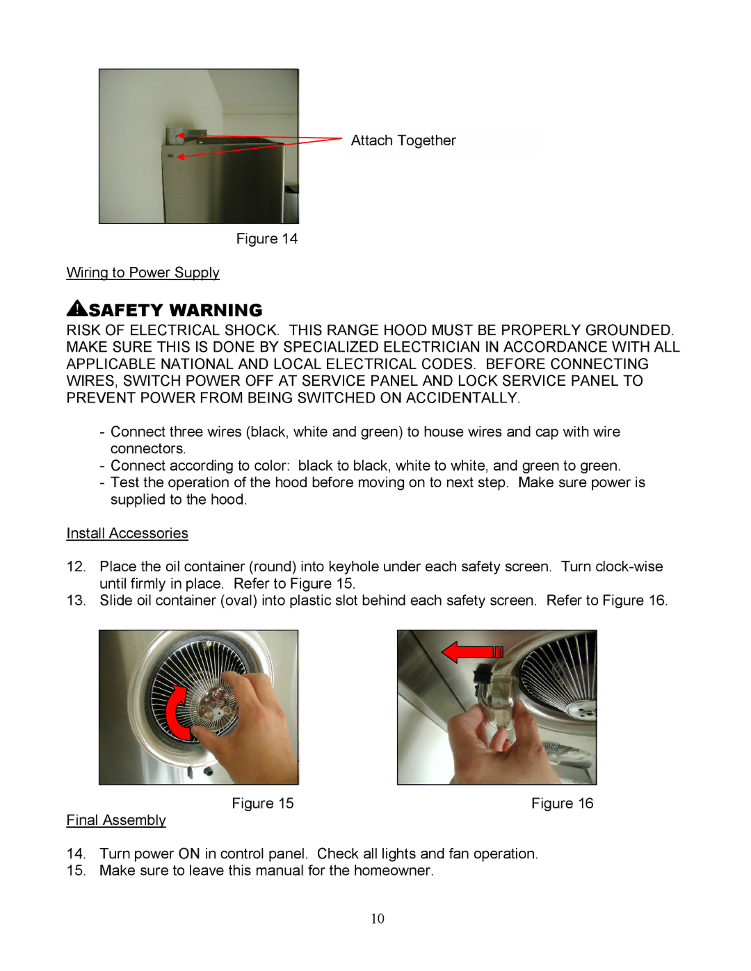 Kobe Range Hoods RA3830S, RA3836S installation instructions Attach Together Wiring to Power Supply, Final Assembly 