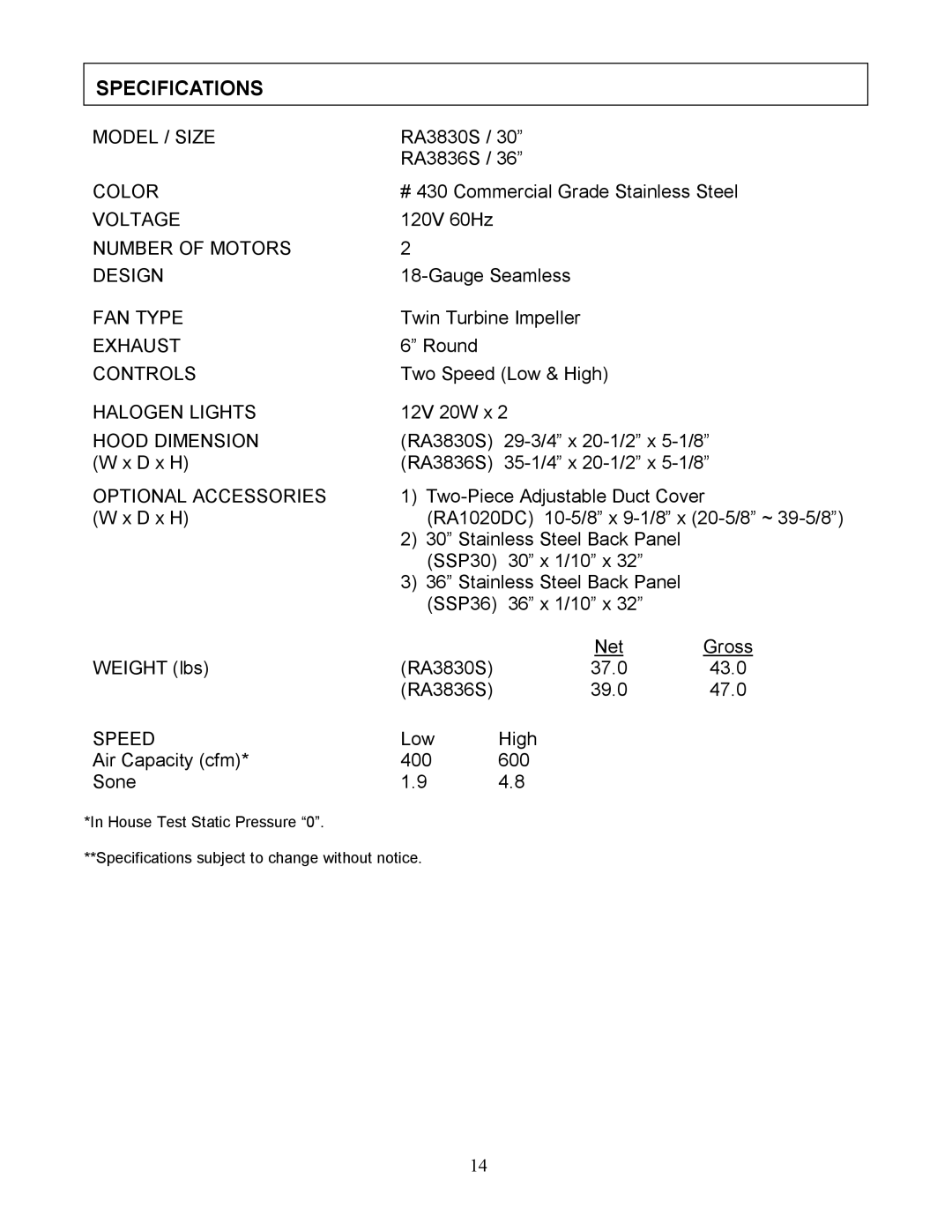 Kobe Range Hoods RA3830S, RA3836S installation instructions Specifications 