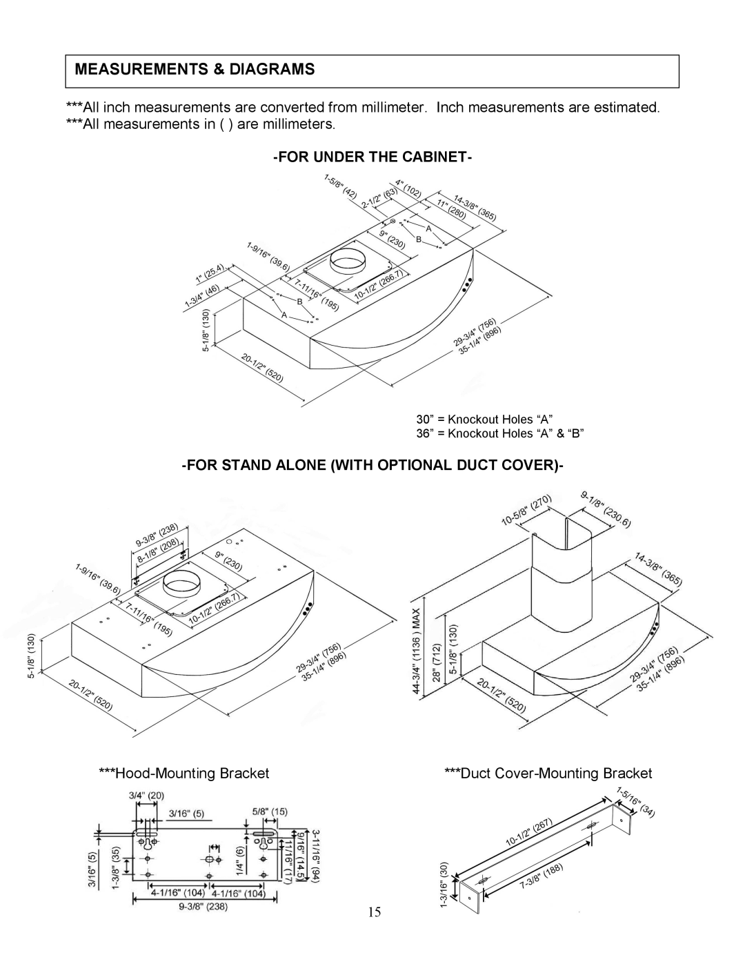 Kobe Range Hoods RA3836S, RA3830S Measurements & Diagrams, All measurements in are millimeters, Hood-Mounting Bracket 