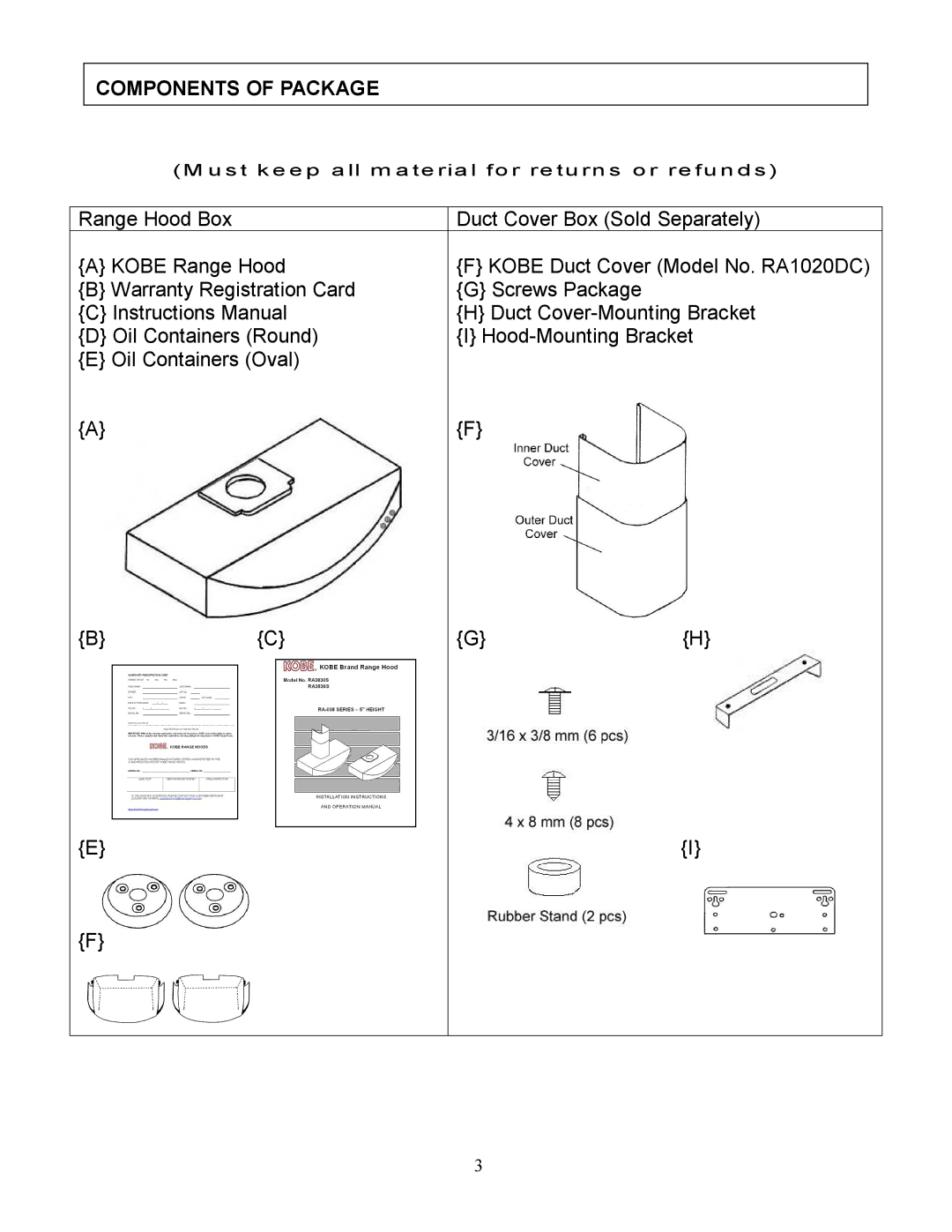 Kobe Range Hoods RA3836S, RA3830S installation instructions Components of Package 