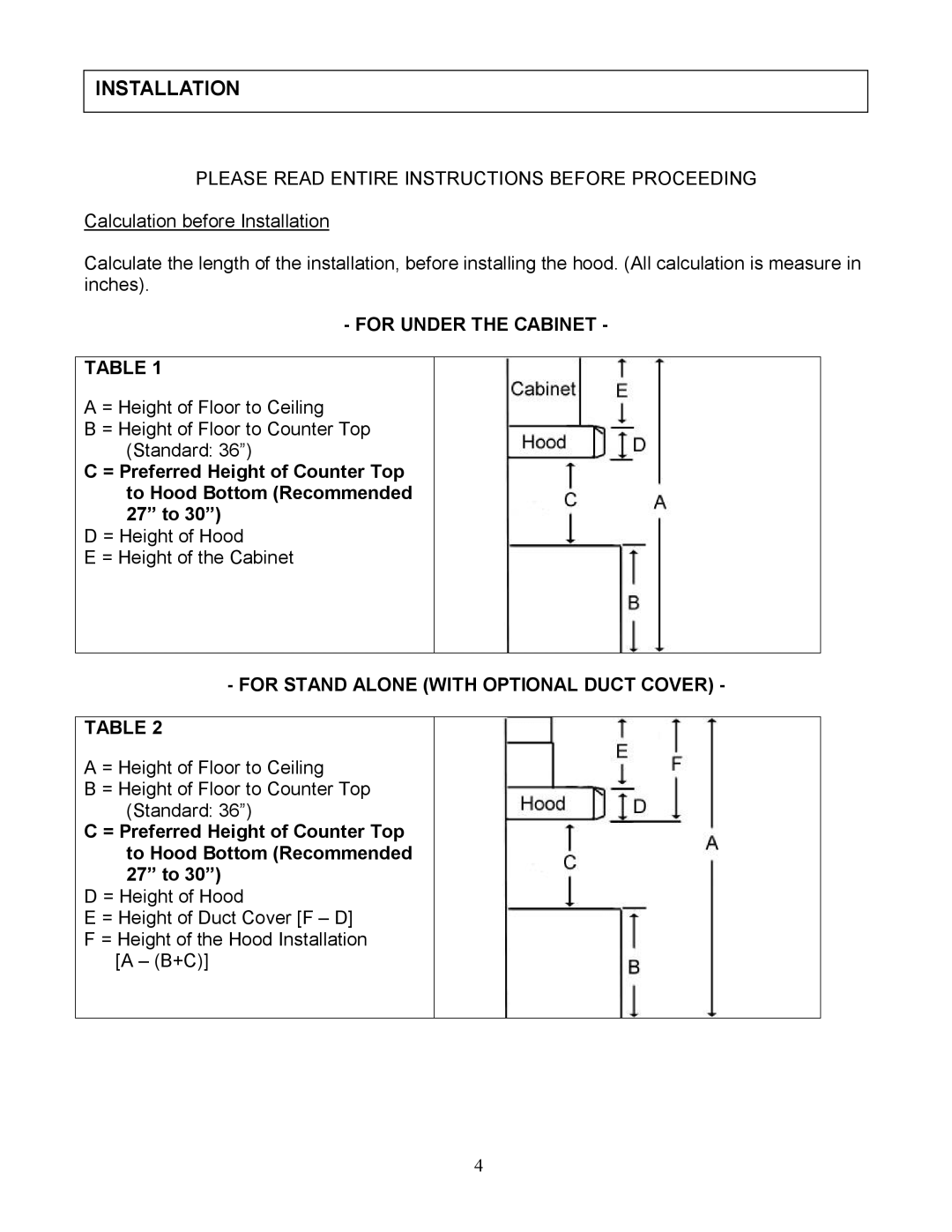 Kobe Range Hoods RA3830S, RA3836S Installation, Please Read Entire Instructions Before Proceeding, For Under the Cabinet 