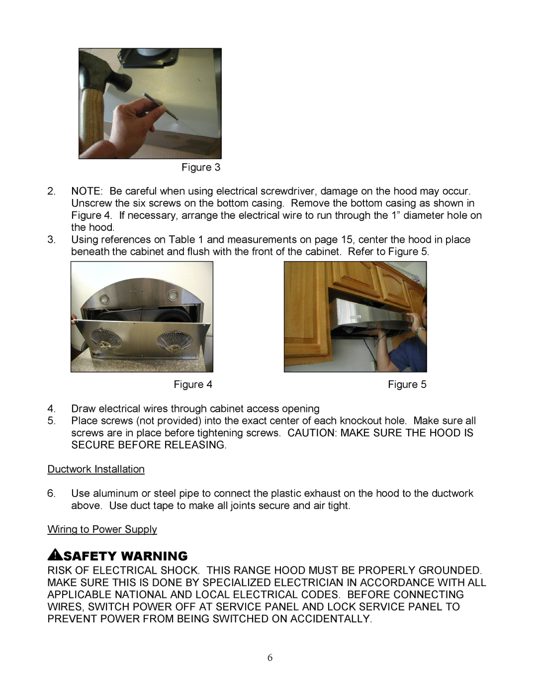 Kobe Range Hoods RA3830S, RA3836S installation instructions Safety Warning 