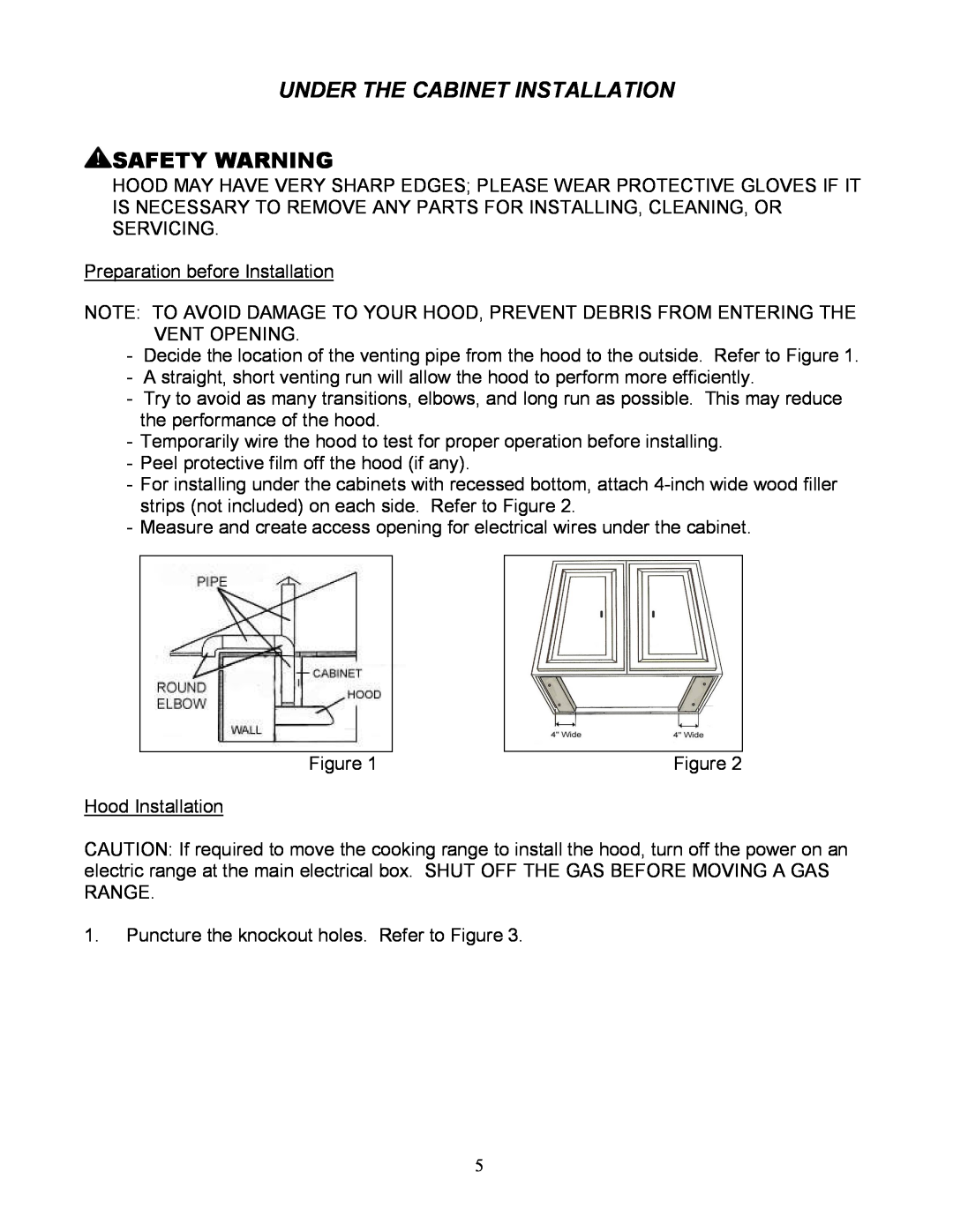 Kobe Range Hoods RA3836S, RA3830S installation instructions Under The Cabinet Installation Safety Warning 