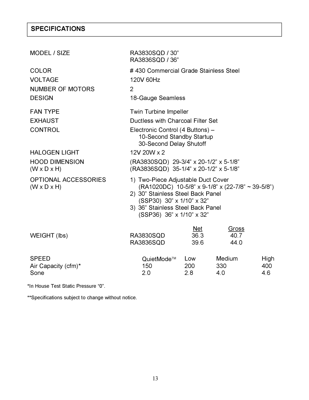 Kobe Range Hoods RA3836SQD, RA3830SQD manual Specifications 