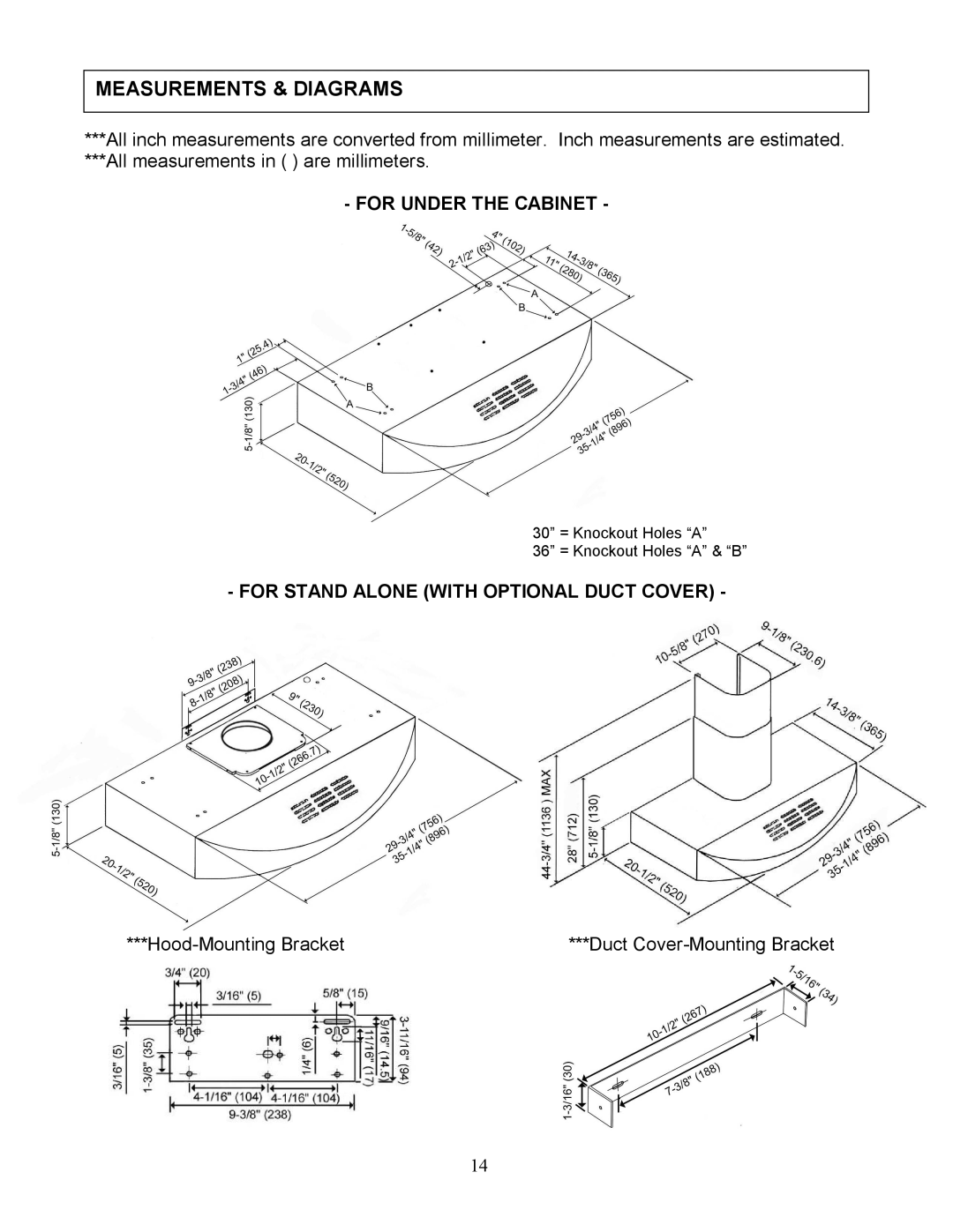 Kobe Range Hoods RA3830SQD, RA3836SQD Measurements & Diagrams, All measurements in are millimeters, Hood-Mounting Bracket 