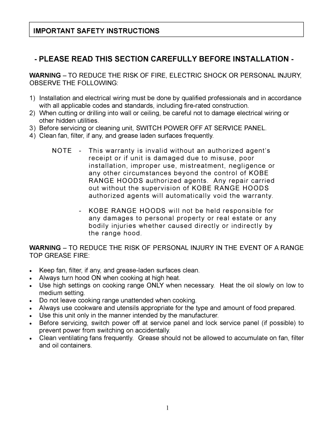 Kobe Range Hoods RA3836SQD manual Please Read this Section Carefully Before Installation, Important Safety Instructions 