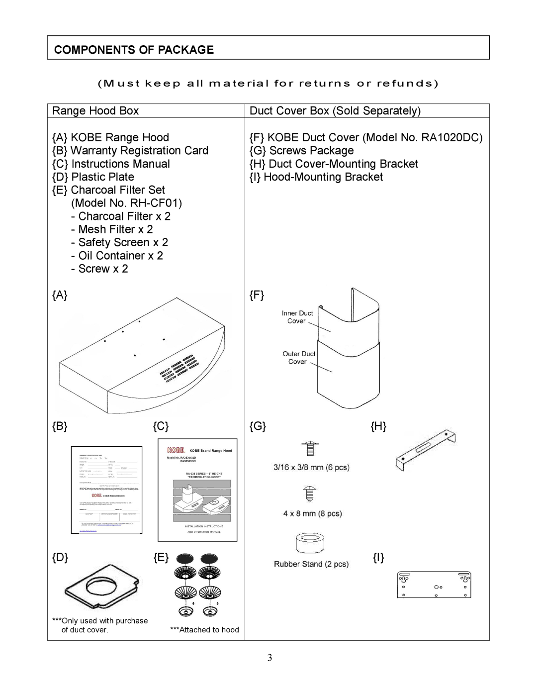 Kobe Range Hoods RA3836SQD, RA3830SQD manual Components of Package 