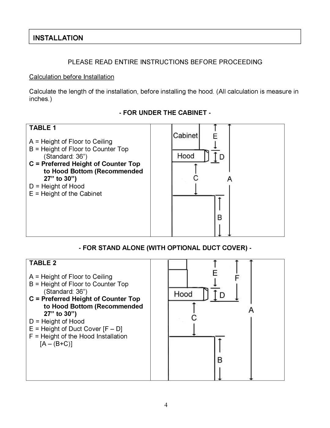 Kobe Range Hoods RA3830SQD manual Installation, Please Read Entire Instructions Before Proceeding, For Under the Cabinet 