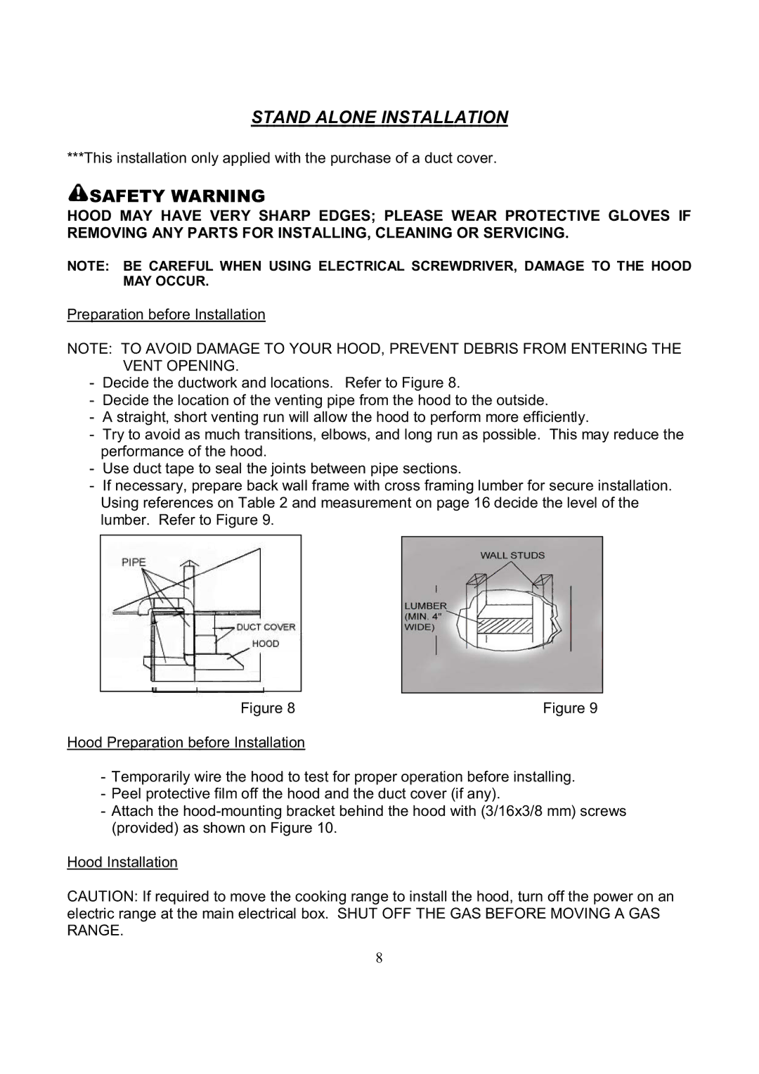 Kobe Range Hoods RA3836SQ, RA3830SQ installation instructions Stand Alone Installation 