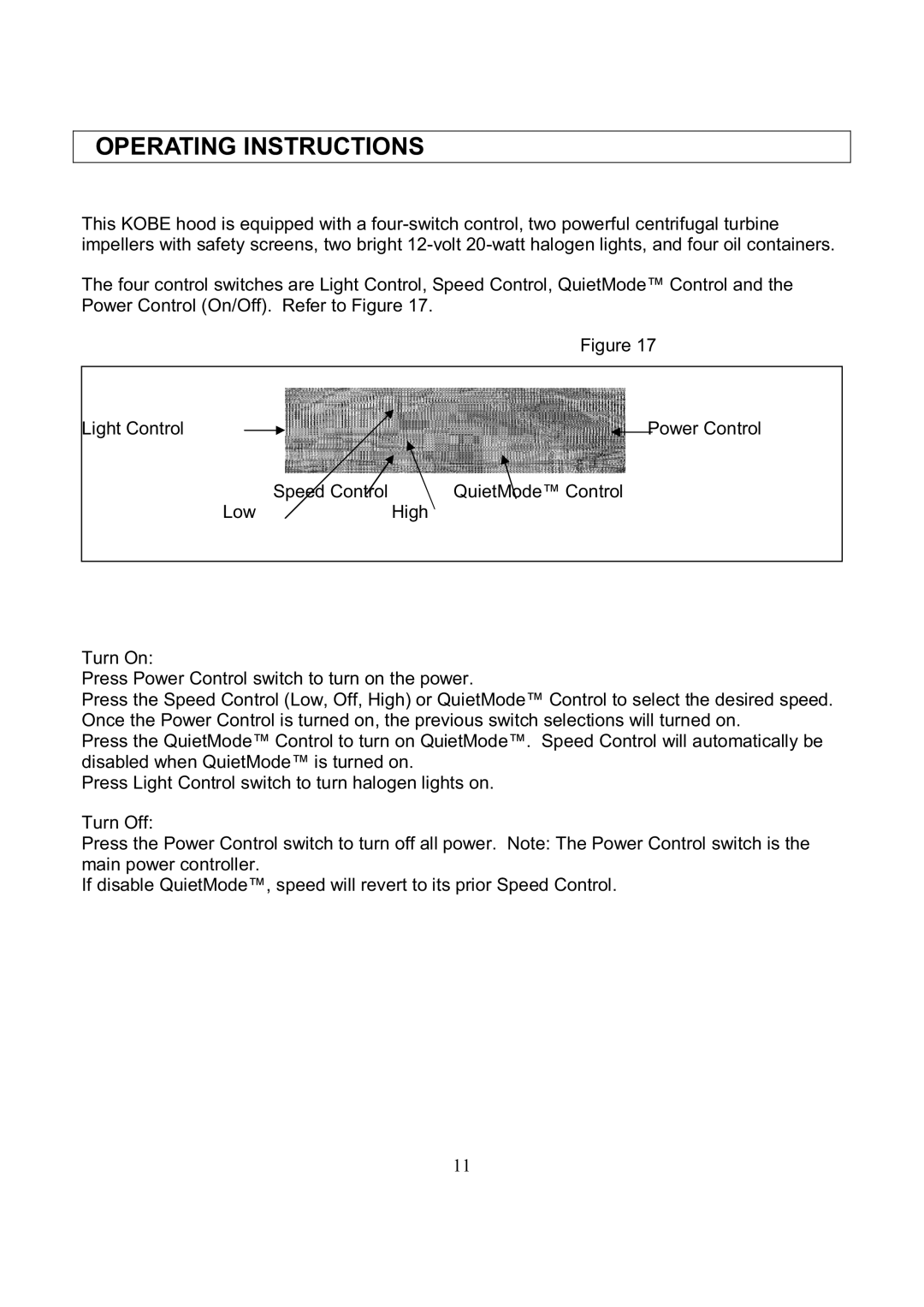 Kobe Range Hoods RA3830SQ, RA3836SQ installation instructions Operating Instructions 