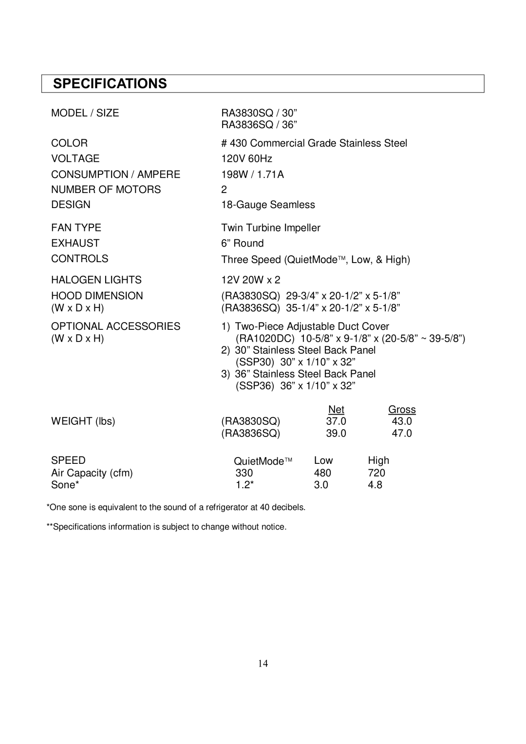 Kobe Range Hoods RA3836SQ, RA3830SQ installation instructions Specifications, Optional Accessories 