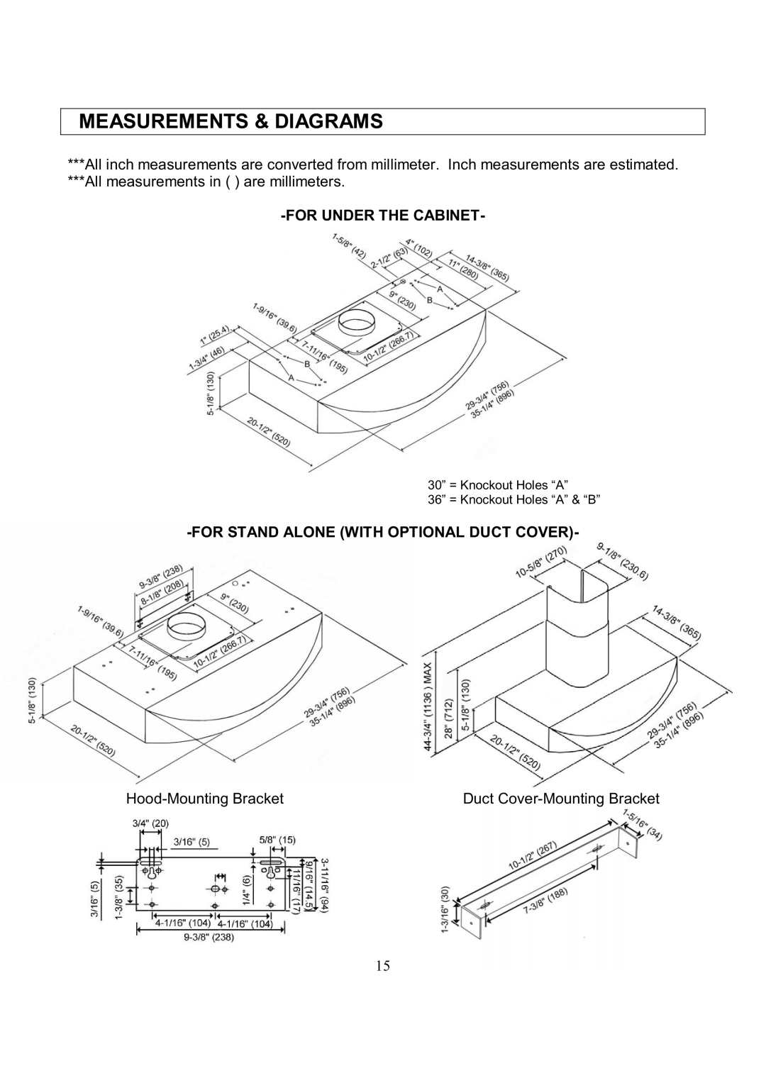 Kobe Range Hoods RA3830SQ, RA3836SQ installation instructions Measurements & Diagrams, For Under the Cabinet 