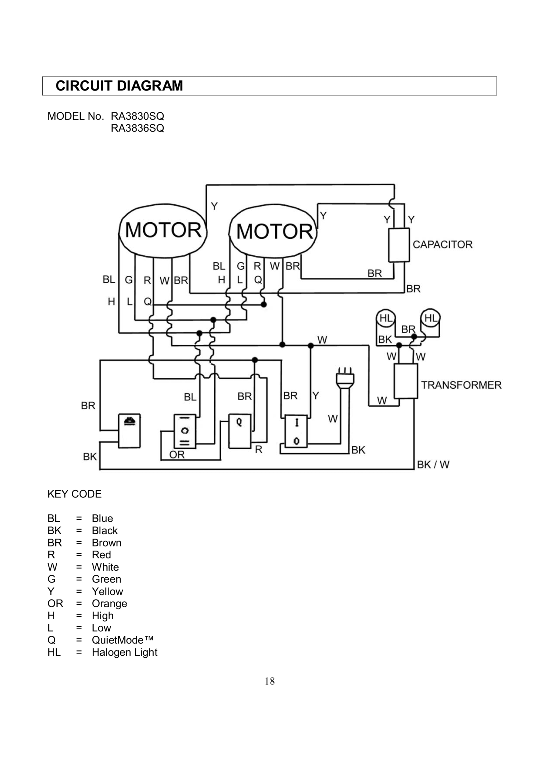 Kobe Range Hoods RA3836SQ, RA3830SQ installation instructions Circuit Diagram, KEY Code 