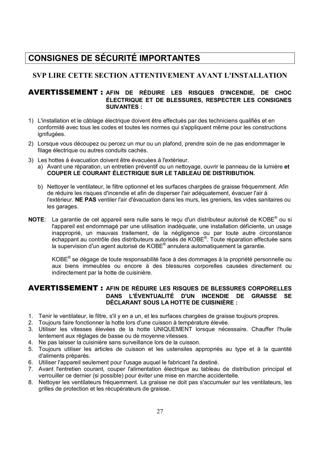 Kobe Range Hoods RA3830SQ Consignes DE Sécurité Importantes, Couper LE Courant Électrique SUR LE Tableau DE Distribution 