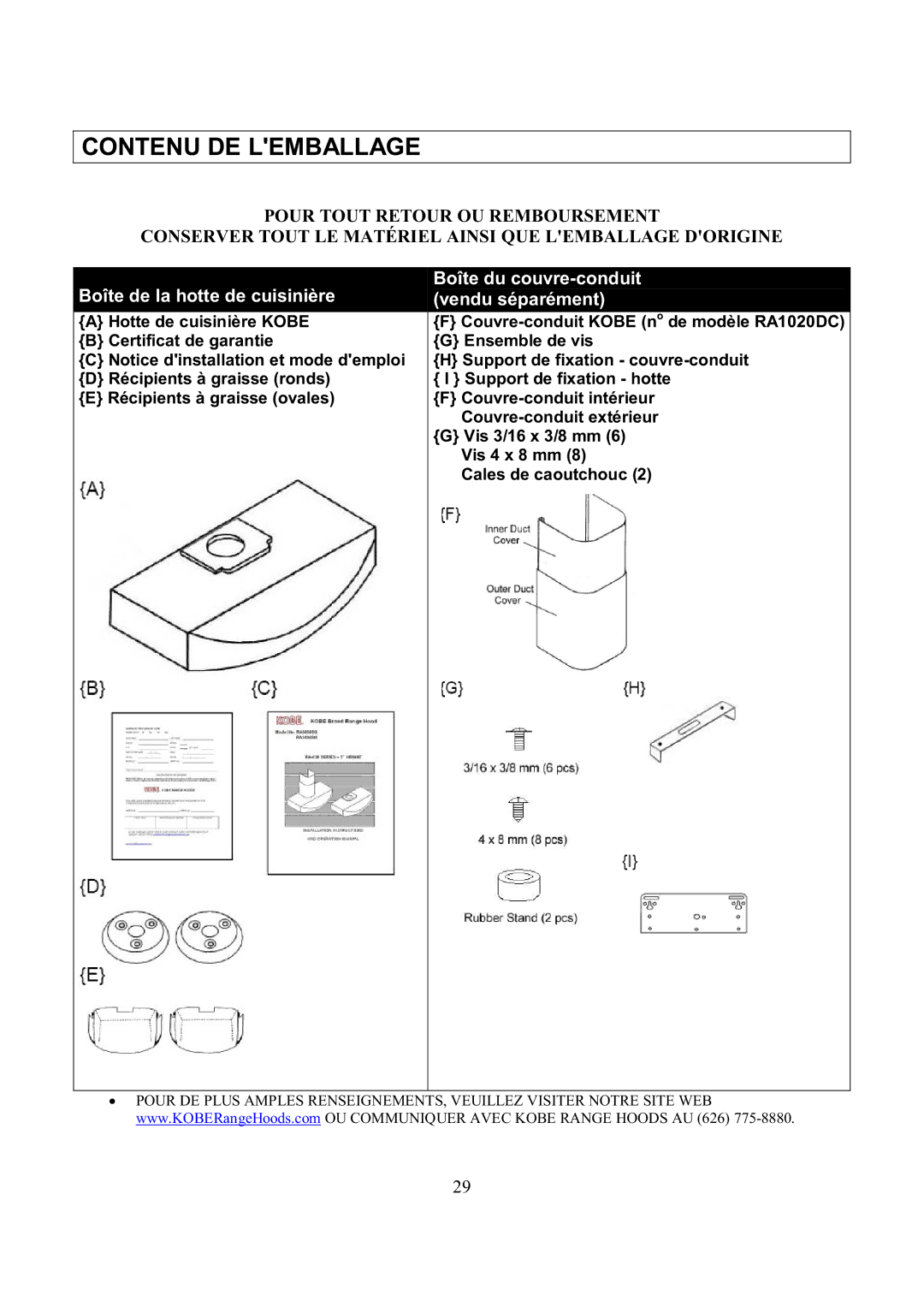 Kobe Range Hoods RA3830SQ, RA3836SQ installation instructions Contenu DE Lemballage 