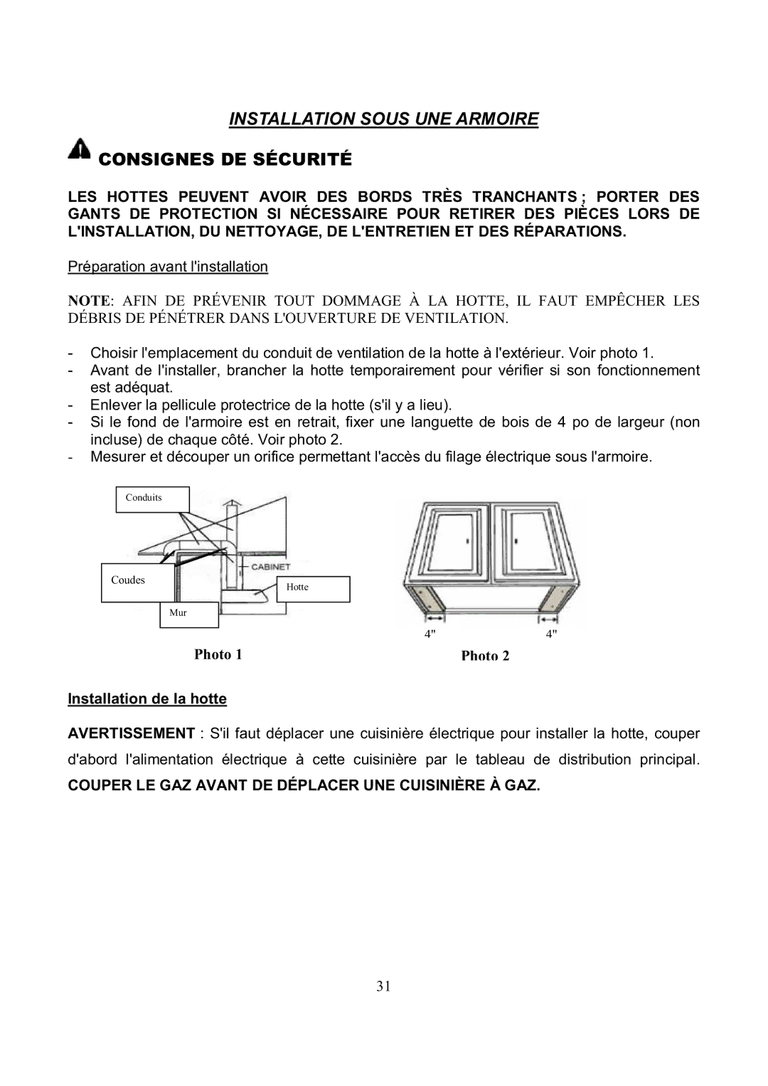 Kobe Range Hoods RA3830SQ, RA3836SQ Consignes DE Sécurité, Couper LE GAZ Avant DE Déplacer UNE Cuisinière À GAZ 