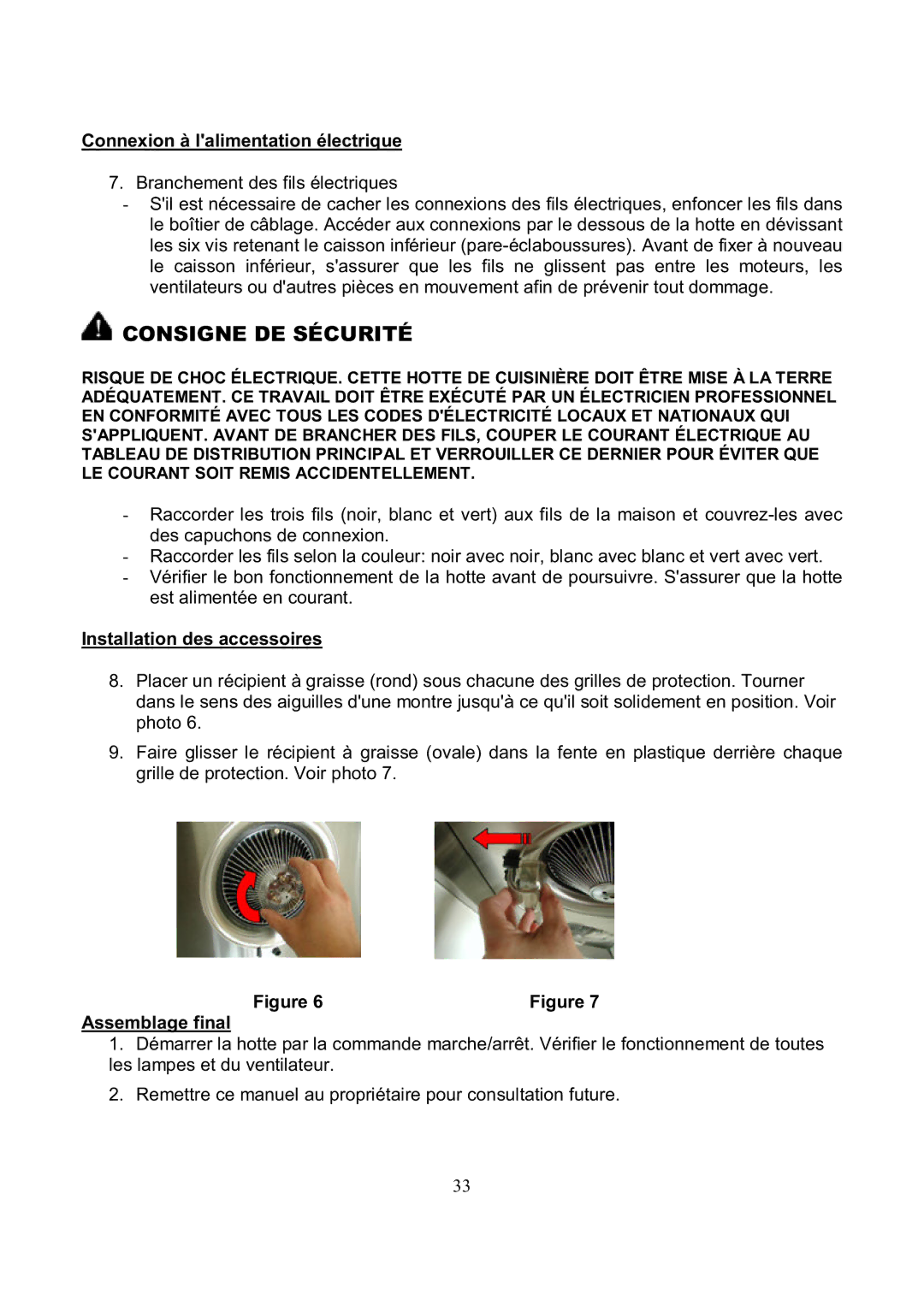 Kobe Range Hoods RA3830SQ, RA3836SQ installation instructions Consigne DE Sécurité, Connexion à lalimentation électrique 