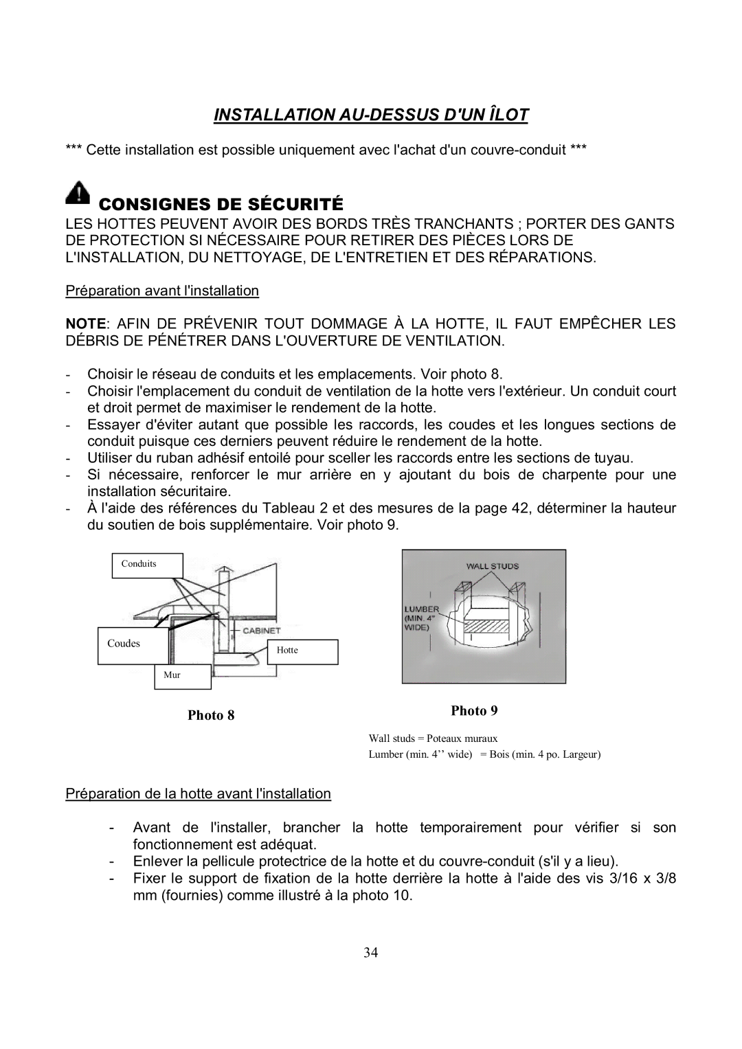 Kobe Range Hoods RA3836SQ, RA3830SQ installation instructions Installation AU-DESSUS DUN Îlot 