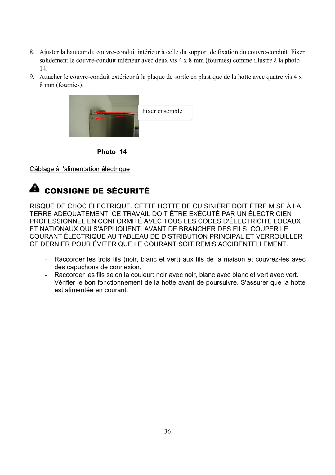 Kobe Range Hoods RA3836SQ, RA3830SQ installation instructions Câblage à lalimentation électrique 