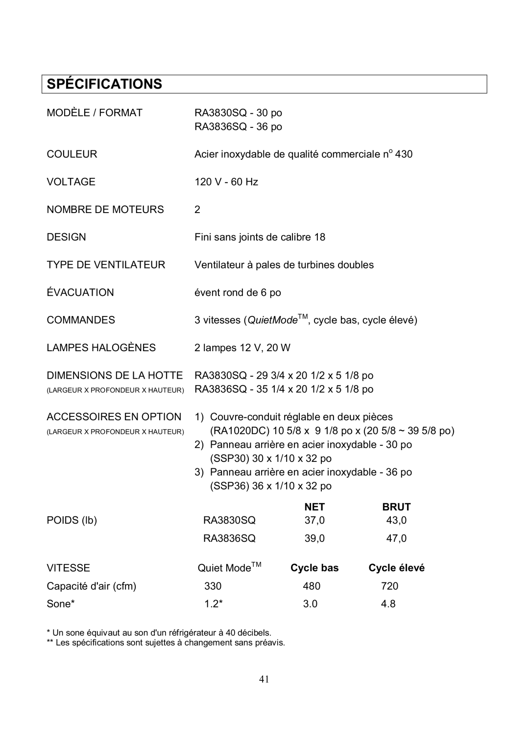 Kobe Range Hoods RA3830SQ, RA3836SQ installation instructions Spécifications, Dimensions DE LA Hotte 