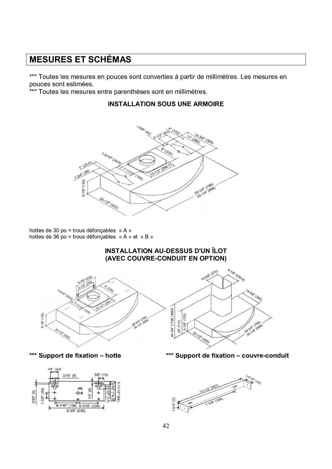 Kobe Range Hoods RA3836SQ, RA3830SQ installation instructions Mesures ET Schémas, Installation Sous UNE Armoire 