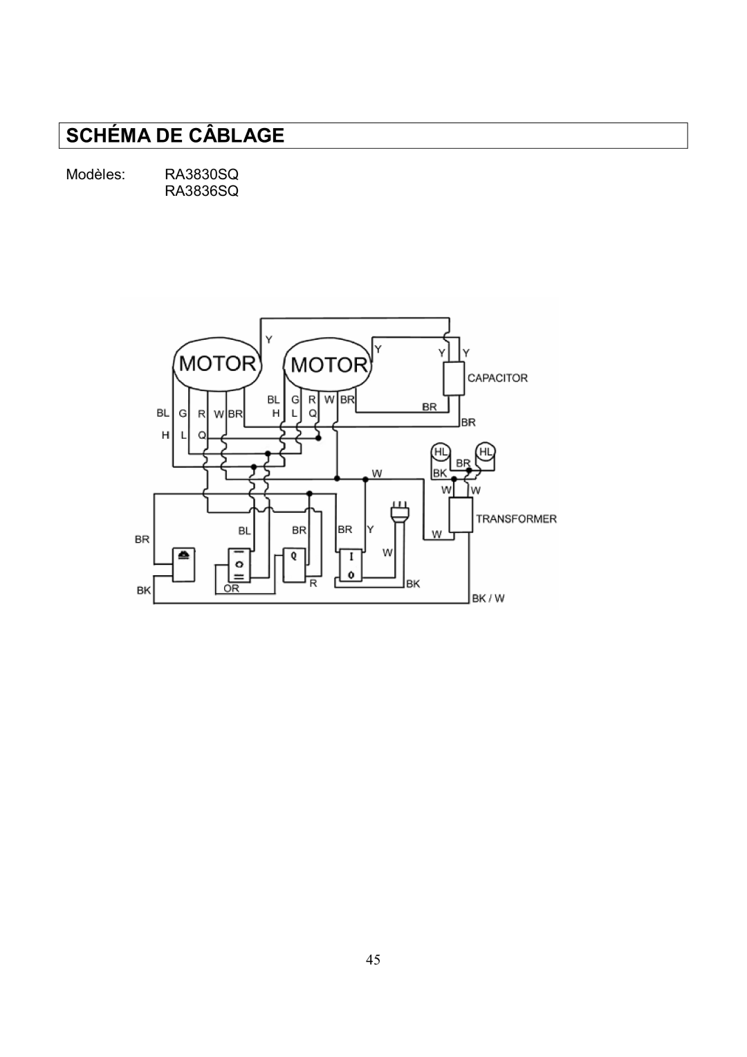 Kobe Range Hoods RA3830SQ, RA3836SQ installation instructions Schéma DE Câblage 