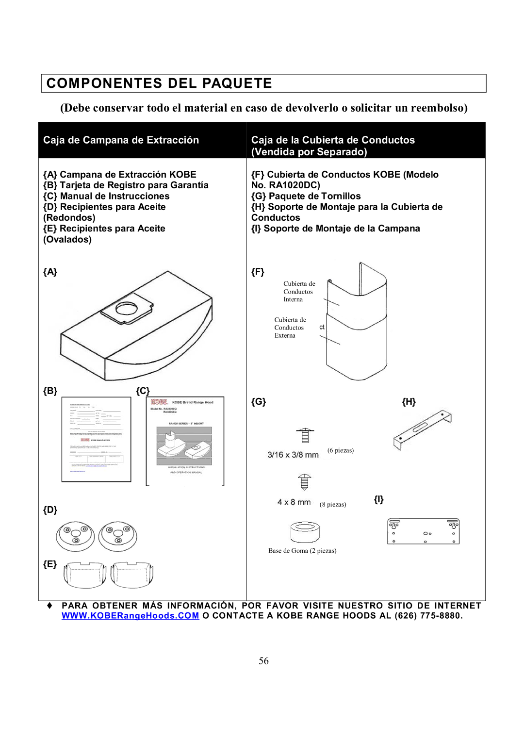 Kobe Range Hoods RA3836SQ, RA3830SQ installation instructions Componentes DEL Paquete 