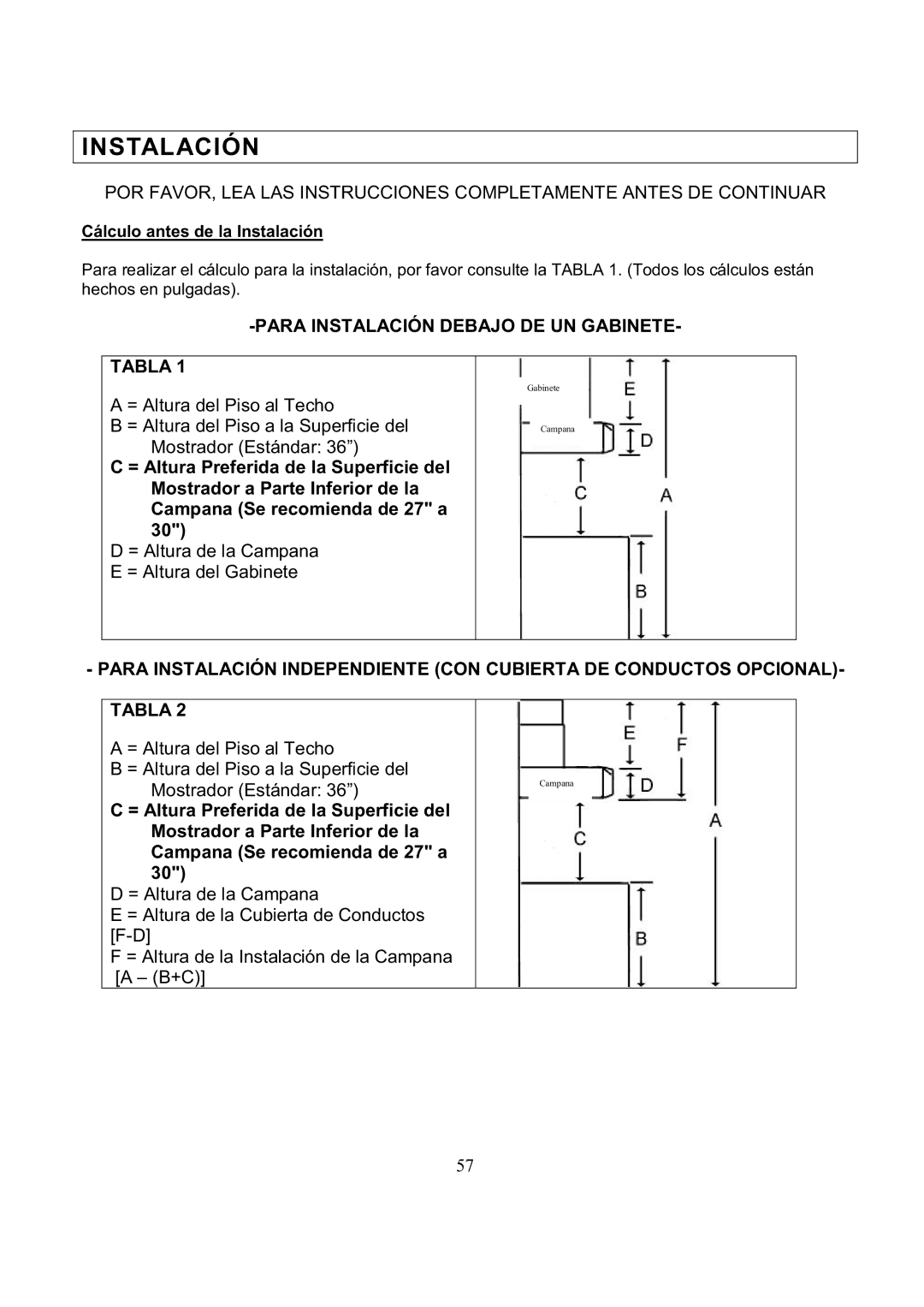 Kobe Range Hoods RA3830SQ, RA3836SQ installation instructions Para Instalación Debajo DE UN Gabinete Tabla 