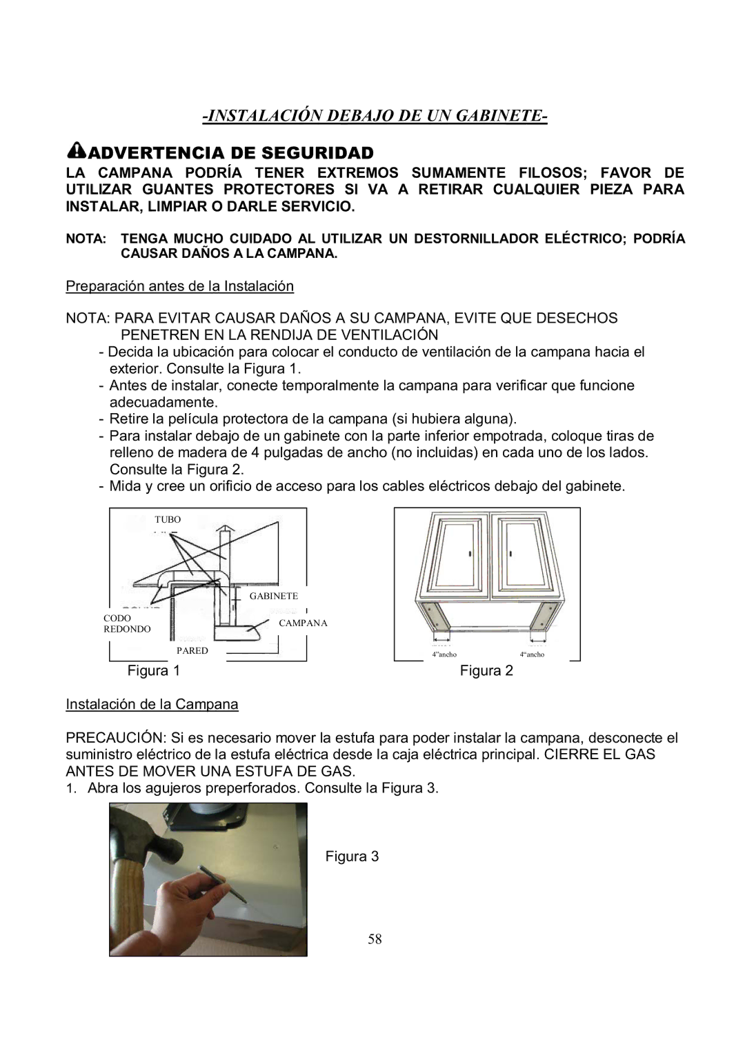 Kobe Range Hoods RA3836SQ, RA3830SQ installation instructions Instalación Debajo DE UN Gabinete, Advertencia DE Seguridad 